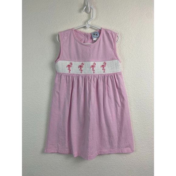 Smock Monkey girls 7 pink smocked flamingo tunic mini dress stretch casual - Picture 1 of 6